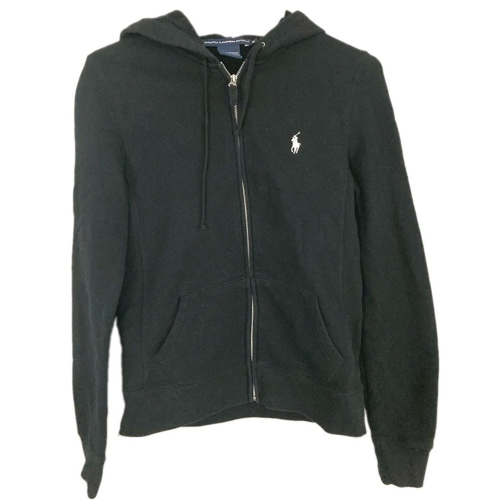 Ralph Lauren Sport Hoodie Women M Black Full Zip Cotton Wht Pony Logo Sweatshirt